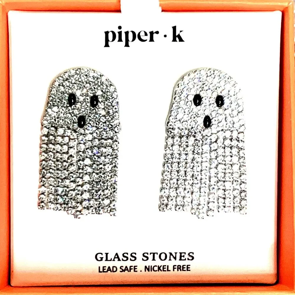 Piper K Ghost Rhinestone Earrings Halloween Dangle Glass Stone Cute Spooky NWT